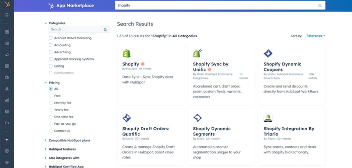 Installing Shopify Integration app from HubSpot Marketplace.